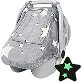 Car Seat Cover Baby Boys Girls, Soft Flannel Infant Carseat Cover with 2 Zipper Windows, Star Carrier Cover Canopy Glow in The Dark, Comfortable & Machine Washable, Gray
