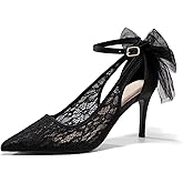 Coutgo Womens Lace High Heels Closed Pointed Toe Stiletto Pumps Bow Tie Ankle Strap Wedding Party Dress Shoes