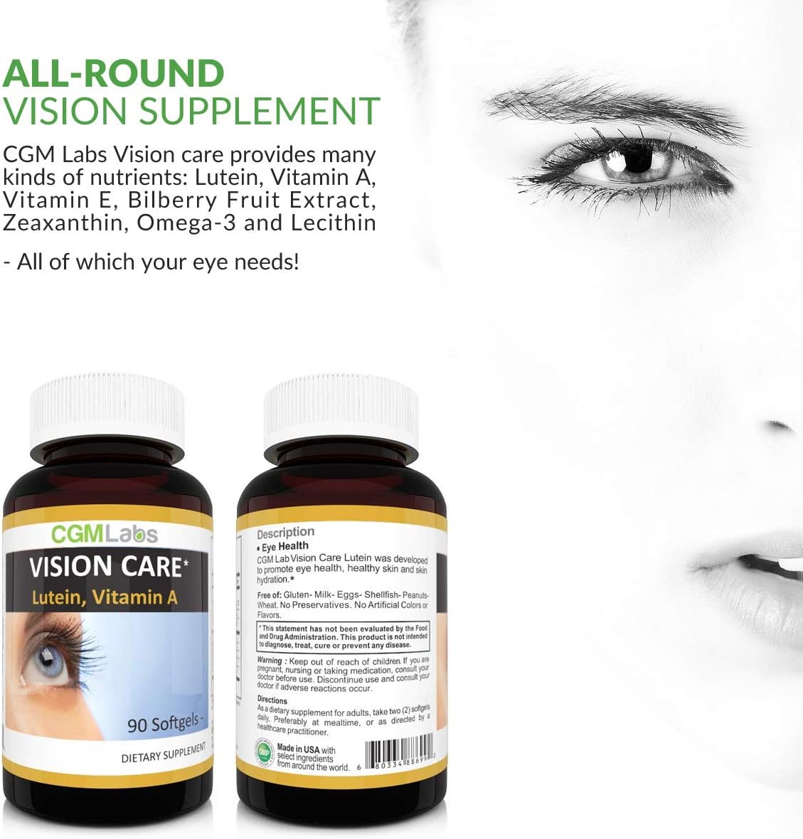 CGMLabs Vision Care, Lutein 40mg, Zeaxanthin, Vitamin A, Bilberry