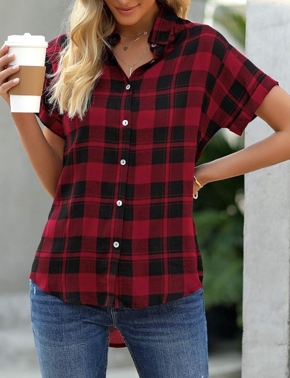 Uqnaivs Women's Classic Short Sleeve Plaid Shirt Button Down Collared Loose Tops: Clothing