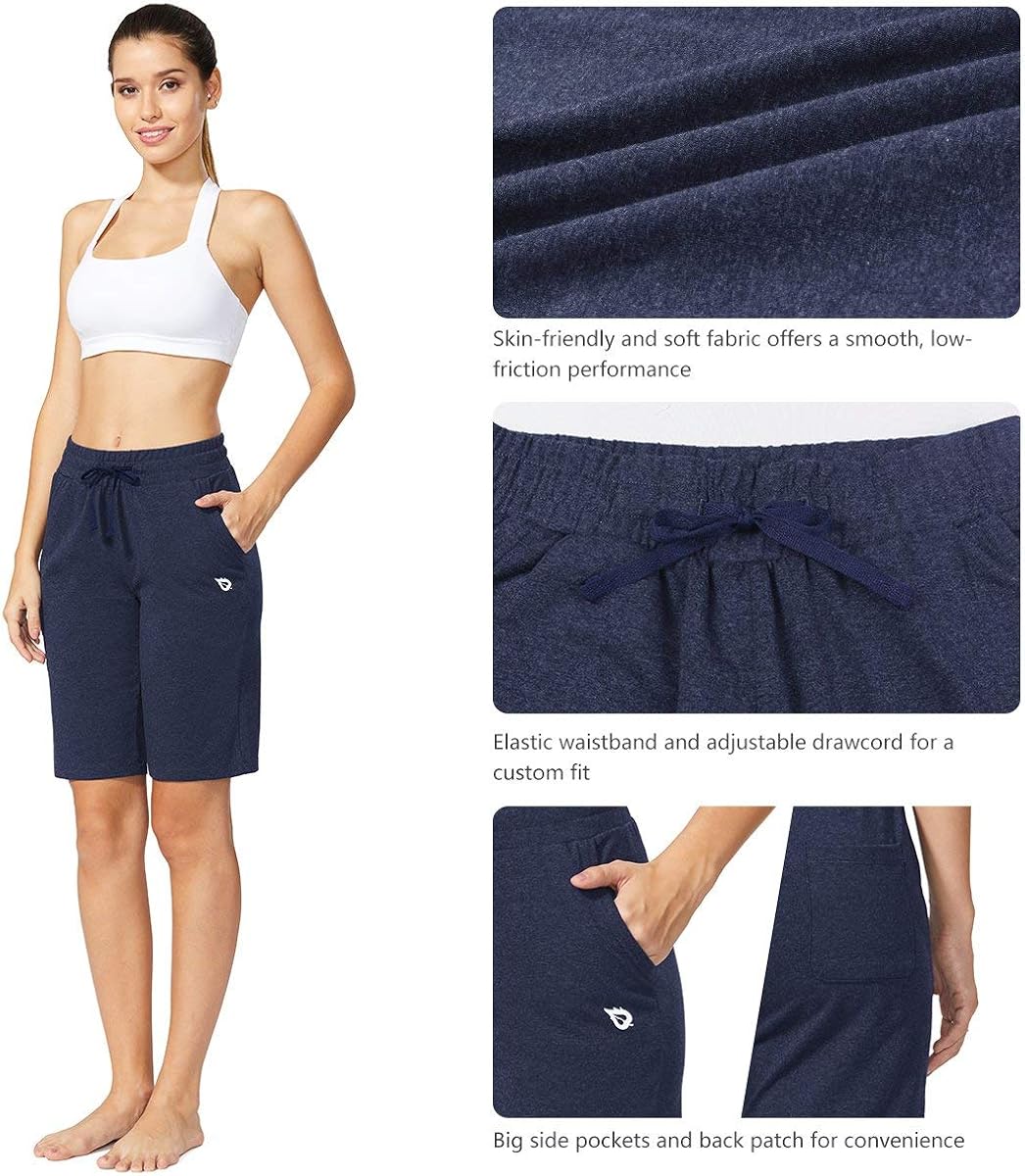 BALEAF Women's Bermuda Shorts Long Cotton Jersey with Pockets Athletic Sweat Walking Knee Length for Summer Workout : Clothing