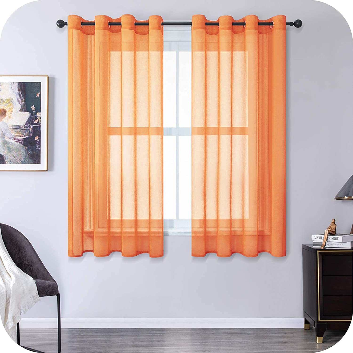 MRTREES Voile Curtains 57 Inch Drop 2 Panels Faux Linen Eyelet Sheer Curtain Panel for Bedroom Living Room Patio Door 55x57 Inch Drop 140cm x 145cm Orange