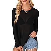 LYANER Women's Sheer Mesh Long Sleeve Round Neck Sexy See Through Blouse Shirt Top