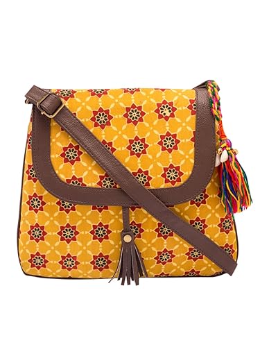 Vivinkaa Womens Cotton Star Ethnic Printed Sling Bag, Yellow