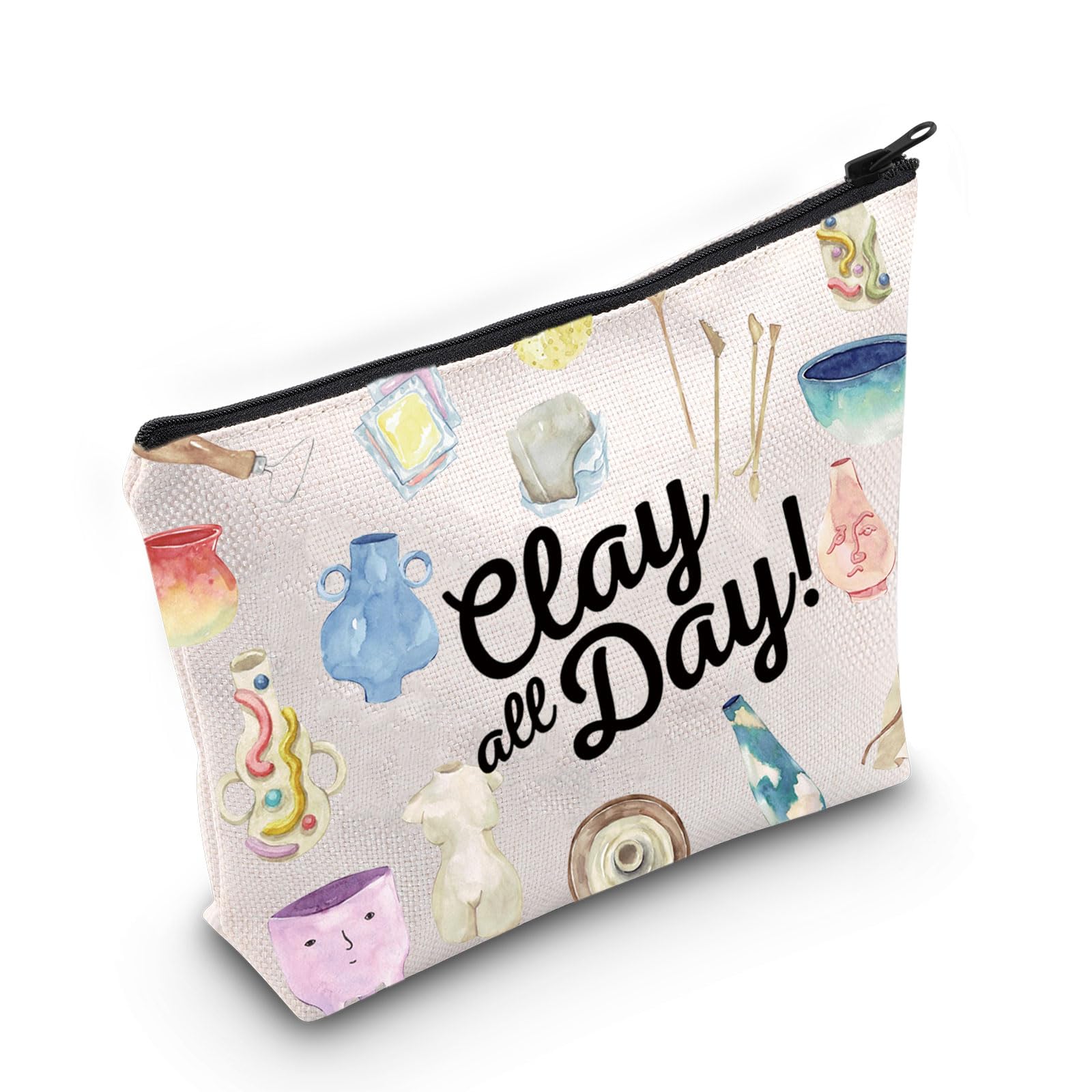WZMPA Pottery Cosmetic Makeup Bag Ceramic Artist Gift Clay All Day Zipper Pouch Travel Bag For Pottery Teacher Student, Clay All Day, Fit