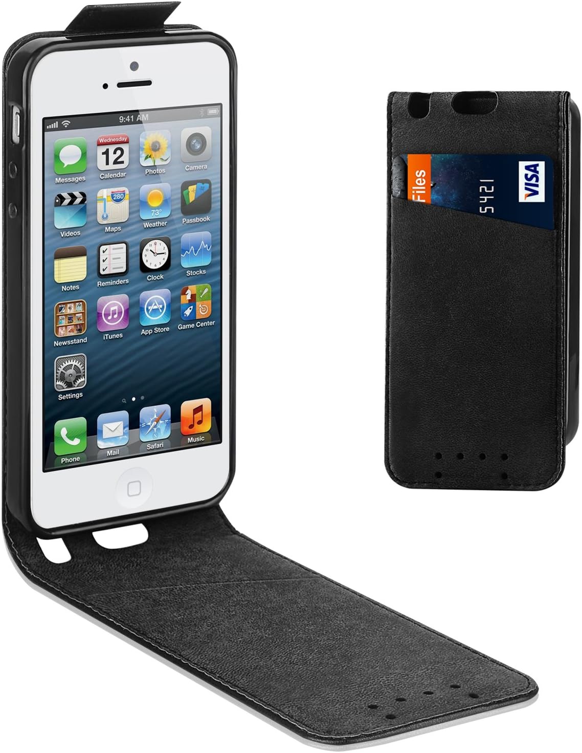 iPhone SE Case, Supad Leather Flip Wallet Slim Case Cover for Apple iPhone SE 5S 5 (Black) - 5 inches - Image 5