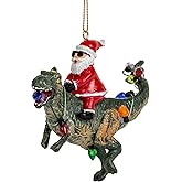 Santa Claus Riding a T Rex Dinosauer Wrapped in Lights Christmas Ornament for Kids