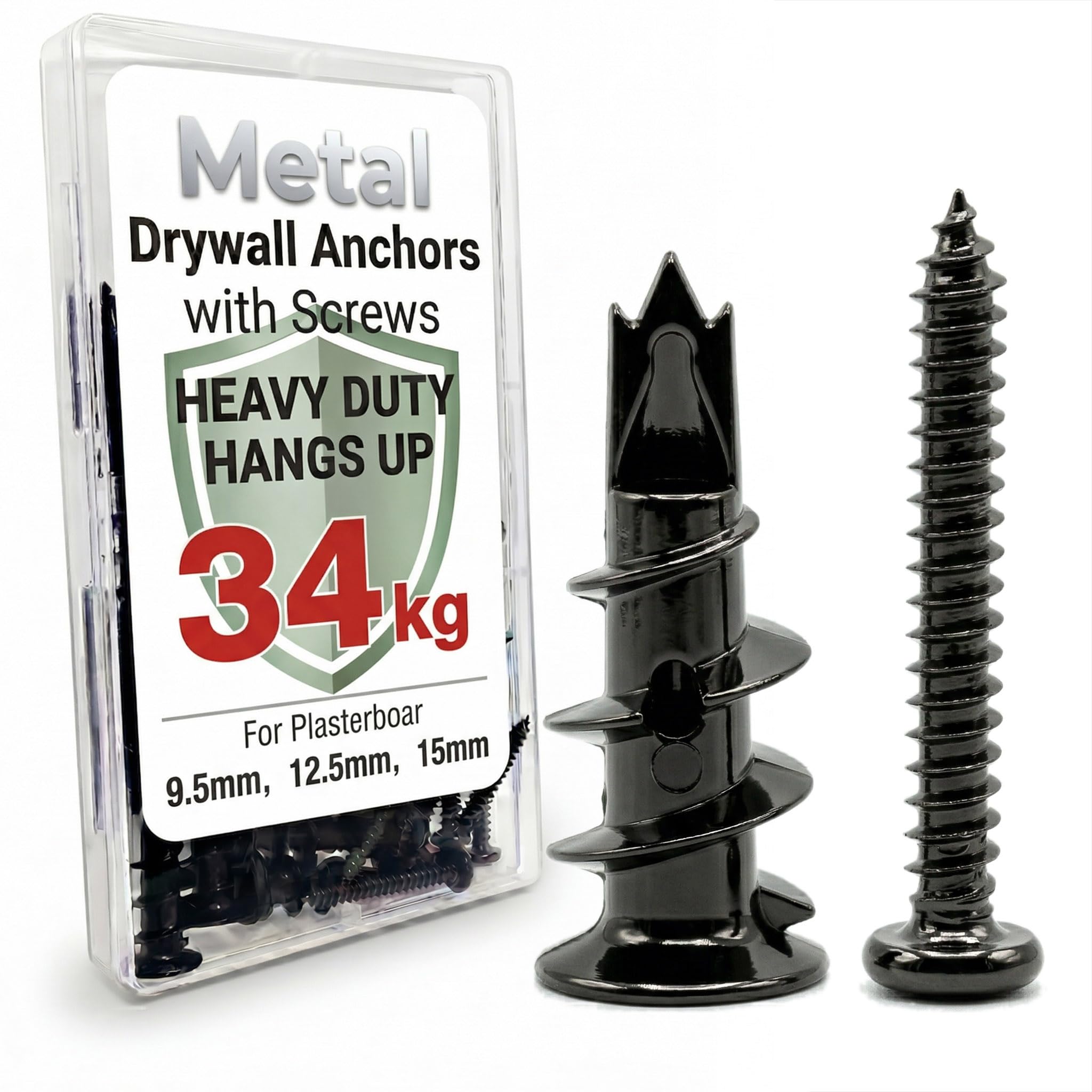 laffeya Zinc Self Drilling Plasterboard Anchors & Screws Kit, Heavy Duty Metal Hollow Wall Fixings, Black Finish Wall Plugs for Standard Plasterboard