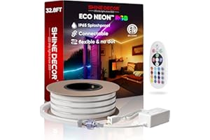 Shine Decor LED RGB Neon Rope Lights AC 120V, Expandable & Cuttable Bright Strip Lighting with Remote, Dimmable Color Changing, ETL Cold-Resistant & IP65 Waterproof for in&Outdoor, 10x20mm, 32.8FT