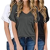 Aranmei 3 Pack Womens T Shirts Short Sleeve V Neck Pocket Basic Tees Summer Casual Loose Fit Tops S-XXL