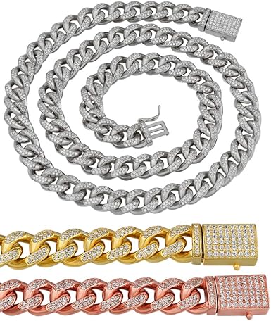 Amazon Icy ヒップホップジュエリー 925スターリングシルバー アイスドメンズ マイアミキューバリンクチェーン 3種類の仕上げ シルバー イエローゴールド ローズゴールド 10mm 18 30インチ ネックレス 8インチブレスレット ブレスレット 通販