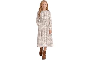 LaBeca Girls Casual Elastic Crew Neck Floral Printed Solid Color A-line Swing High Waist Midi Belted Dress with Pocket
