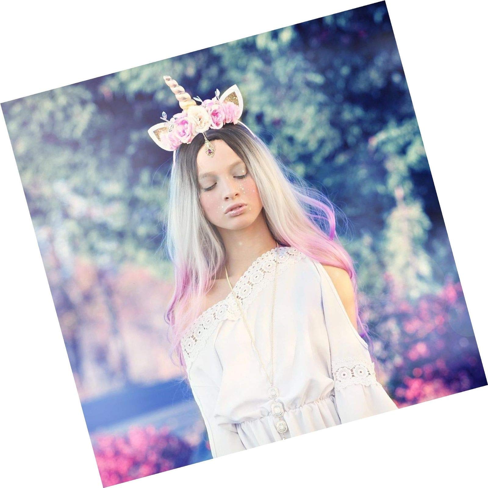 Kids Girls Unicorn Headband Gold Horn Ears Flower Headband Glitter Horn Headband Flowers Headwear Accessory for Christmas Party Cosplay Costume Birthday