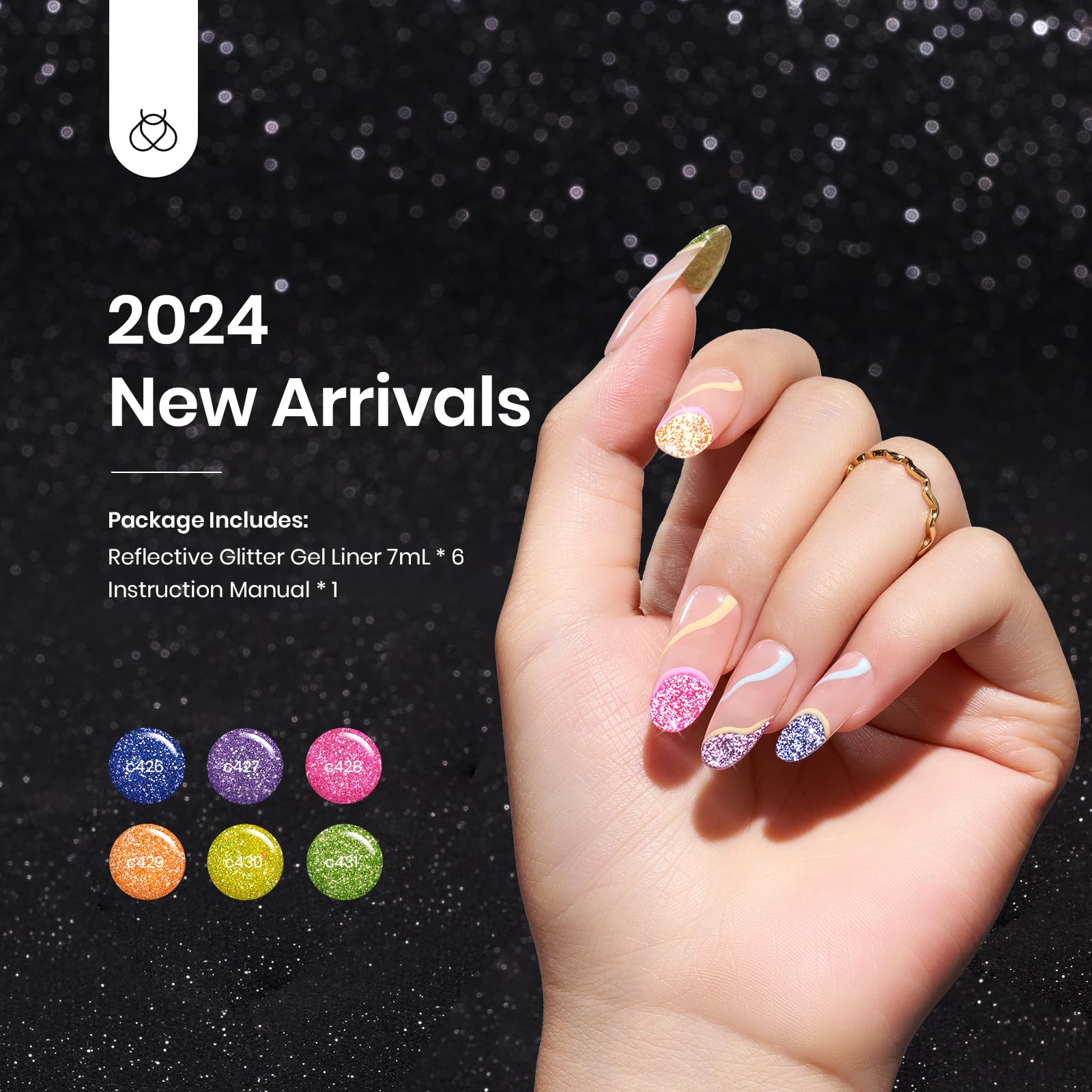 Beetles Gel Liner Nail Art, 6 Colors Reflective Glitter Gel Nail Polish Neon Purple Green Hot Pink Yellow Swirl Glow in the Dark Nail Art Polish, Sparkly Diamond Built Thin Nail Brush in Bottle