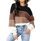 Womens Sweaters Fall 2026 Fashion Long Sleeve Color Block Oversized Sweater Trendy Casual Crew Neck Knitted Tops Pullover