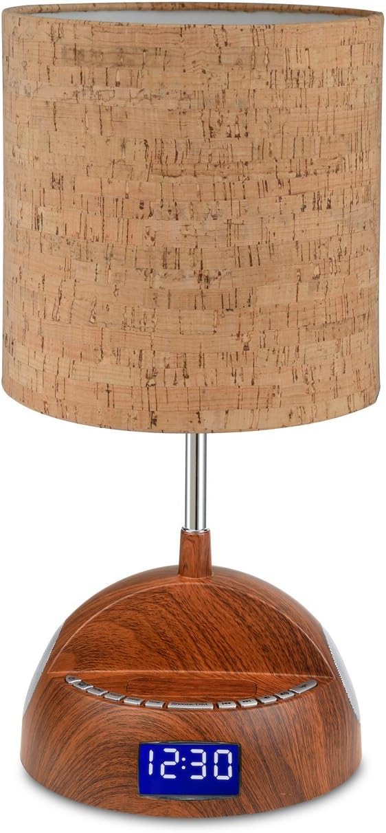 LighTunes LS1001-WOD-BT Bluetooth Speaker Lamp with Alarm Clock, FM Radio, and USB Charging Port, Wood Grain, 7.87" x 7.87" x 16.54"