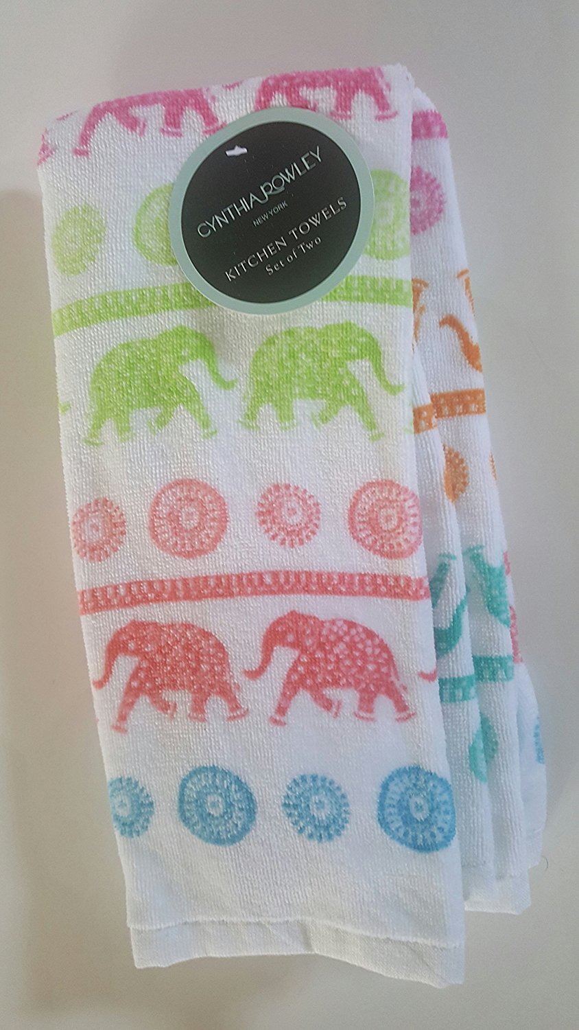 Cynthia Rowley Elephant Print Kitchen Terri Towels Set of 2 Cotton White PInk Blue