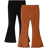 SOBOWO Girls Flare Leggings Pants Ribbed Kids Bell Bottoms 2 Pack Solid Color Ruffle Flared Casual Pants for Girls Size 3-11Y