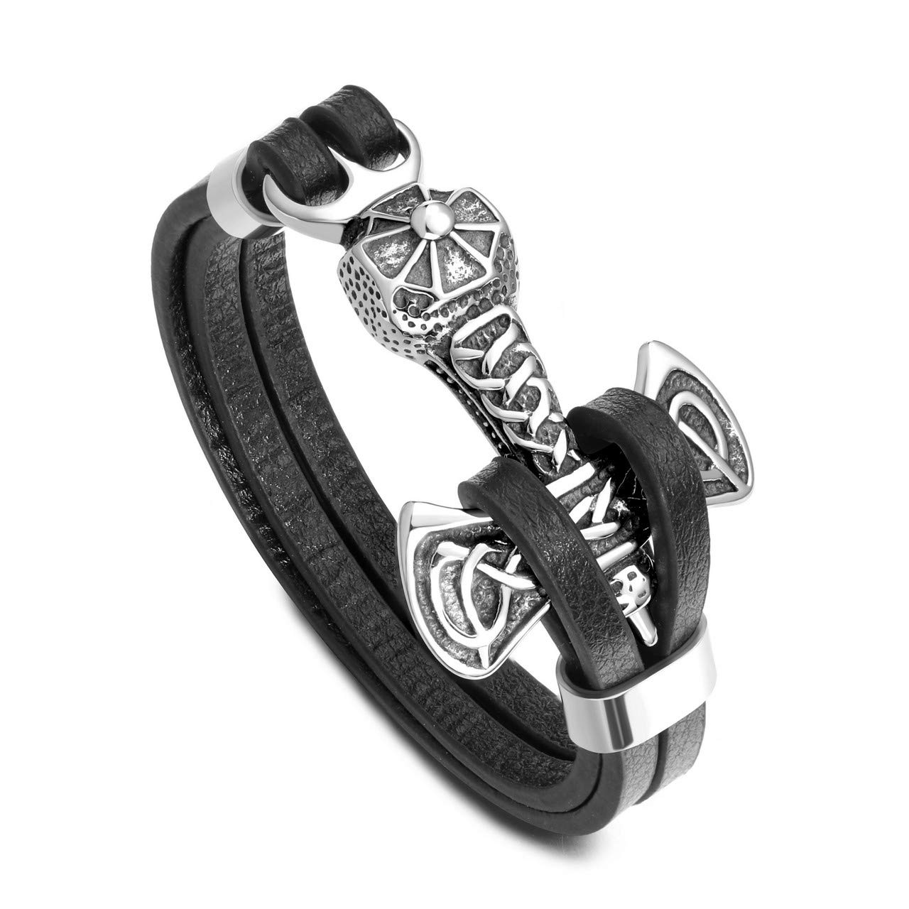 PiercingJak Mens Viking Thor's Hammer Mjolnir Bracelet Stainless Steel Celtic Knot Hammer Black Genuine Leather Bracelet Viking Wristband for Men 1