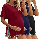 Riyiper 3 Pack Women's Maternity Tunic Shirts Cotton Summer Pregnancy Clothes Loose Oversized Split Side Blouse Tops