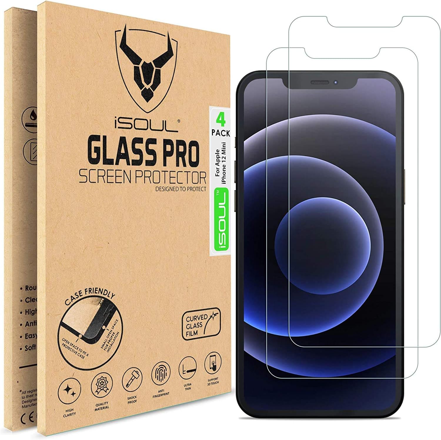 Screen Protector Compatible With iPhone 12 Mini 5.4 Inch, iSOUL Tempered Glass HD Film, 4-Pack, Transparent