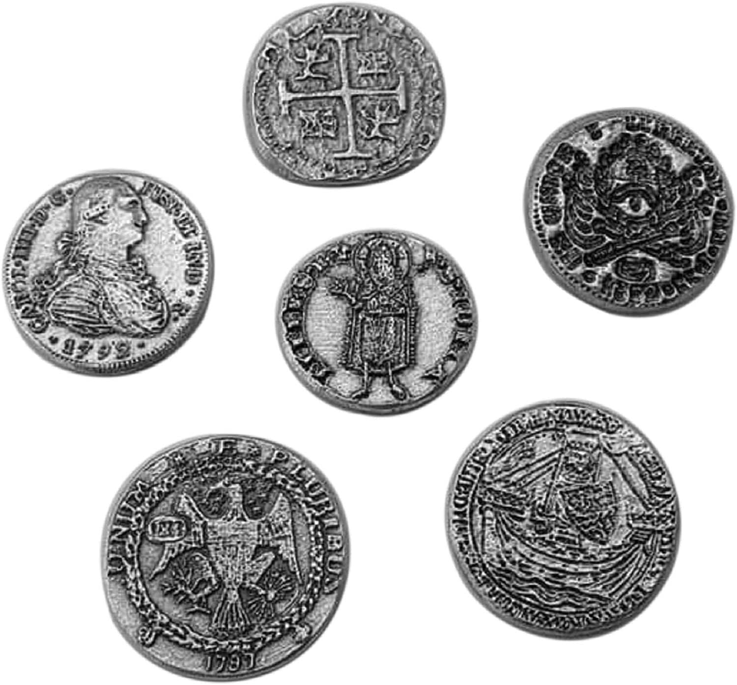 lazzaro italy Pirate Coins Gift Idea Passion Accessories Gadget Piracy Cosplay Fantasy Pack of 6 Metal Silver Plated for Hunting Treasure Pirate-Artisanal reproduction