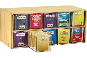 TIMIEEYA Tea Bag Organizer - Bamboo Tea Storage Organizer With Drawer 2 Layer, Tea Organizer for Tea Bags Natural Wood & Acrylic for Countertop Office Kitchen Cabinet Pantry