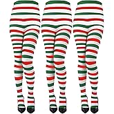 Sumind 3 Pairs Christmas Striped Tights Thigh High Red Green Stripe Stockings Xmas Elf Tight Women Halloween Costume