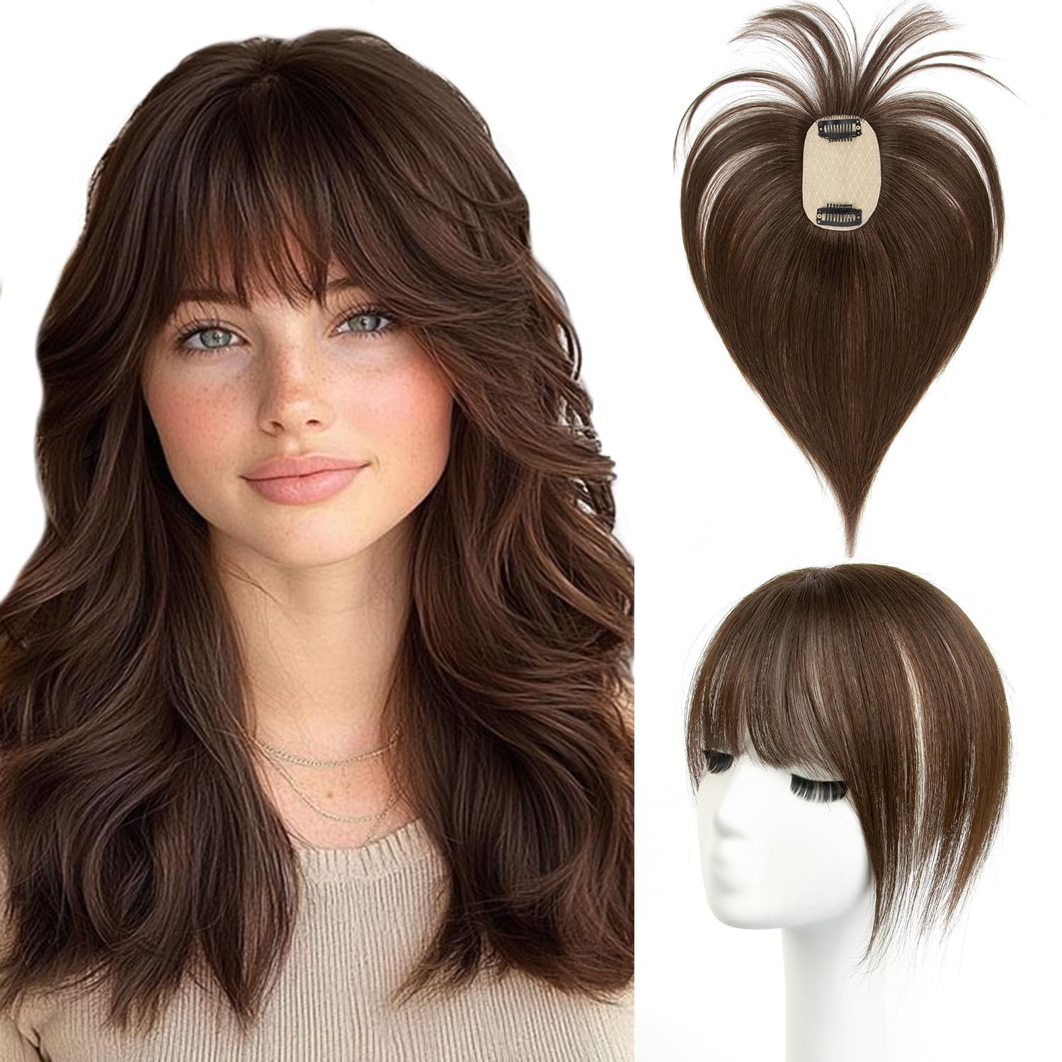 Photo 1 of 10Inch Hair Toppers for Women Real Human Hair 360°3D Full Cover for Women with Thinning Hair Dark Brown# with Bangs(10#2)