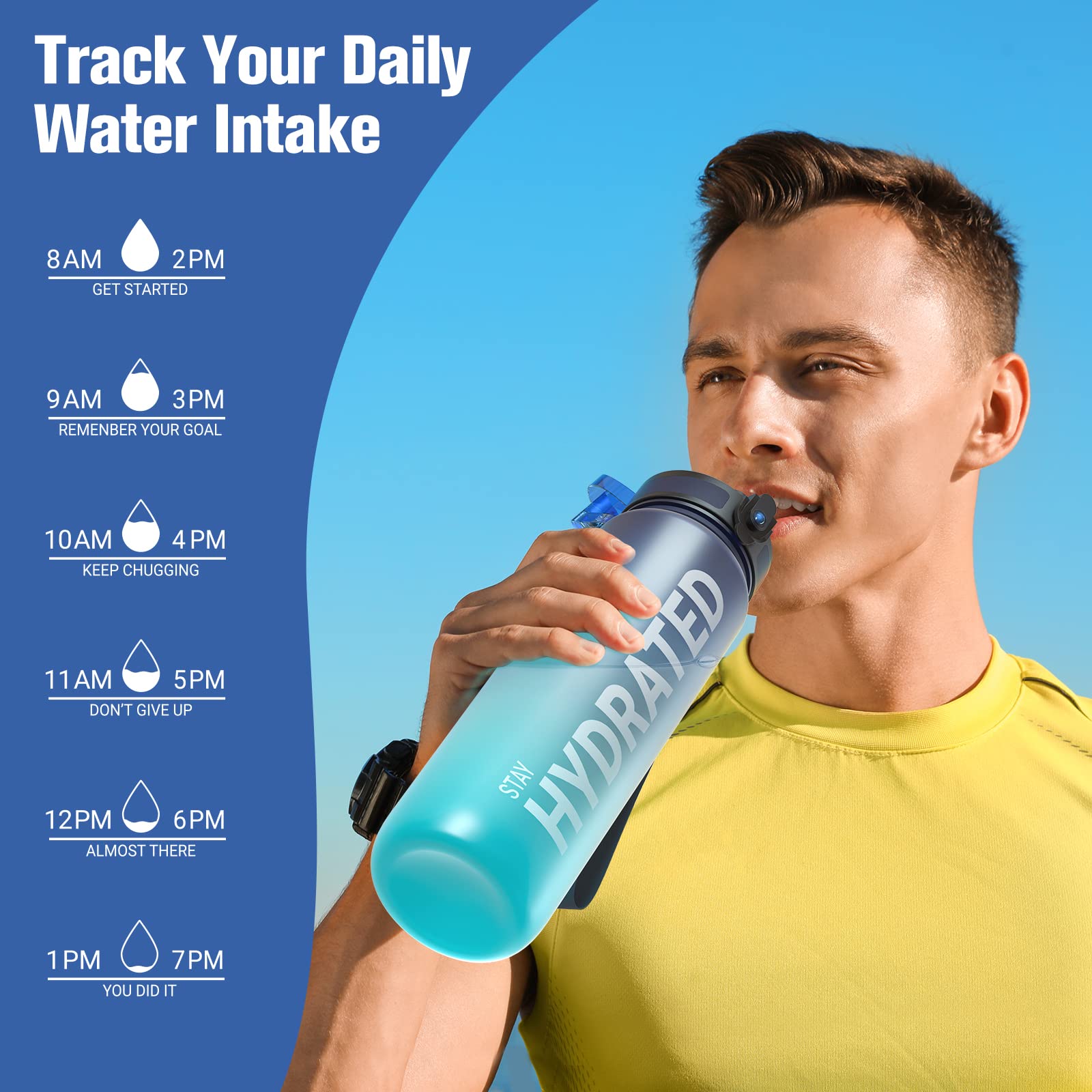 Sahara Sailor Water Bottle, 32/25/17oz Durable and Leakproof Water Bottles Motivational with Time Marker, Tritan, BPA Free, Wide Mouth with Easy Clean Brush for Gym, Travel, School, Office (1 Bottle)