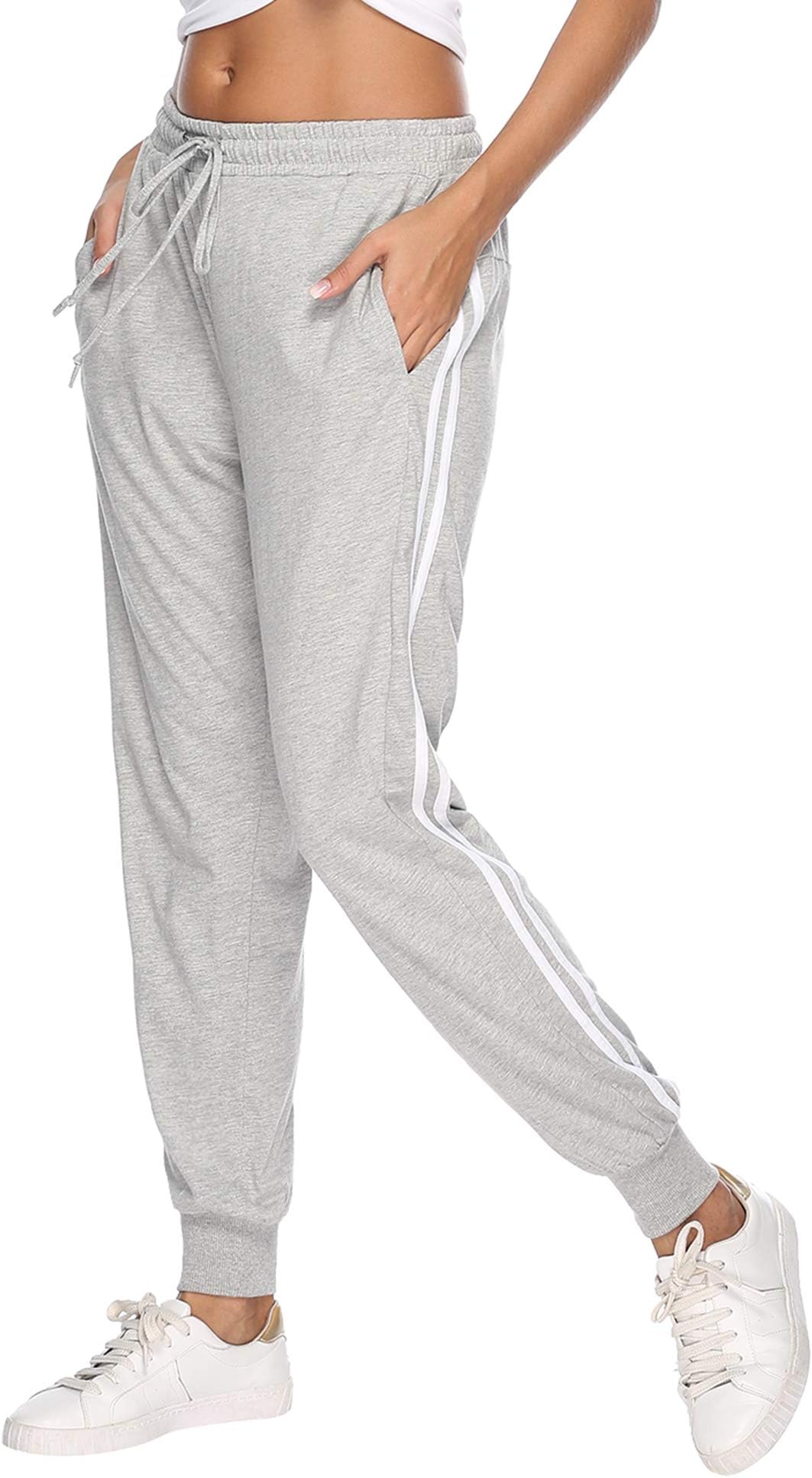 Womens Jogger Pants 100% Cotton Tracksuit Bottoms Sweatpants Drawstring Waist with Pockets for Running Workout Gym Yoga Gray