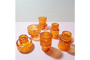 Ni-JASW Amber Gold Ribbed Glass Taper Candle Holders, Candlestick Tea Votive Candle Holders for Table Centerpiece Wedding Decor, Set of 6