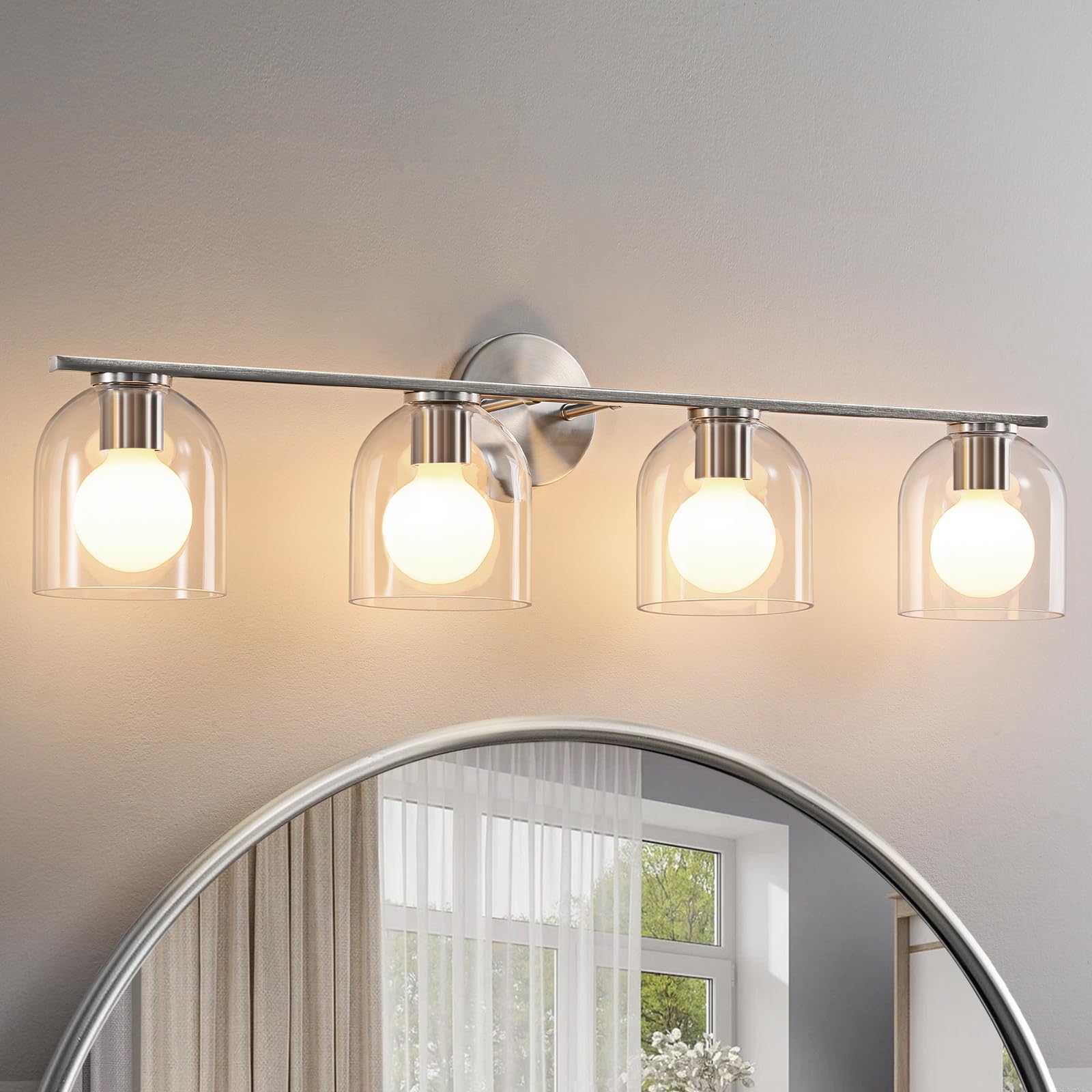 Photo 1 of ***ITEMS CORRECT COMPLET*** WOSHITU Bathroom Vanity Light Fixtures: 32.3 Inch Modern Brushed Nickel Bathroom Vanity Lights Over Mirror with Clear Glass Shade, 4-Light Bathroom Light Fixture Wall Lights Over Mirror