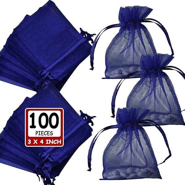 200-Pack Graduation Blue Organza Favor Bags - 4x6 Inch Drawstring Gift Pouches