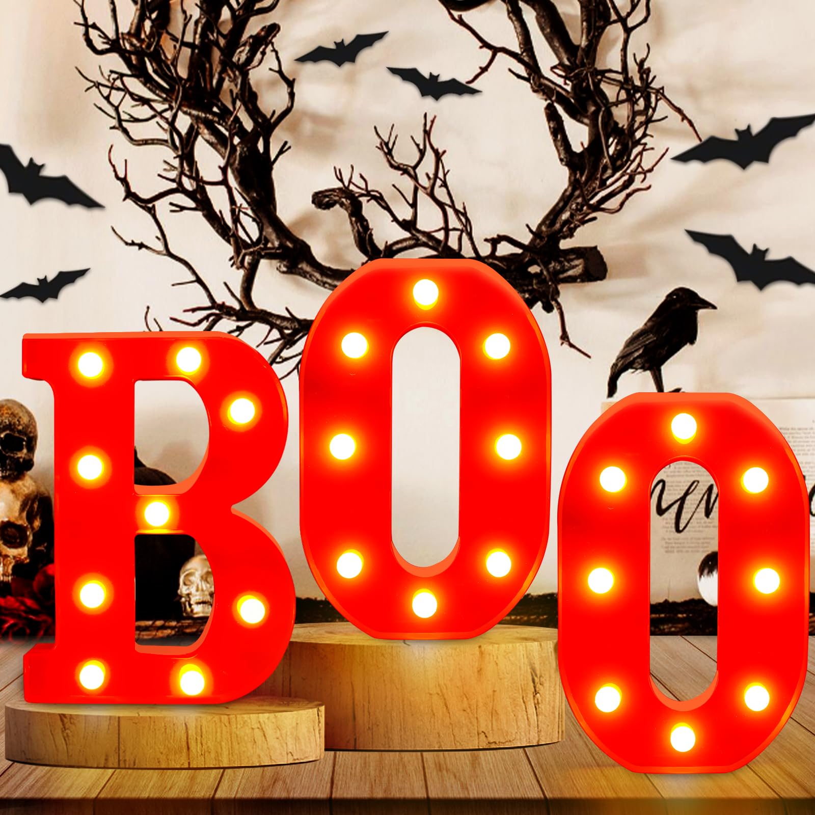 Photo 1 of DIYDEC Halloween Decorations-3 LED Marquee Light Up Letters Sign Boo Halloween Red Letter Lights for Home Indoor Kitchen Fireplace Party Table Decor Supplies