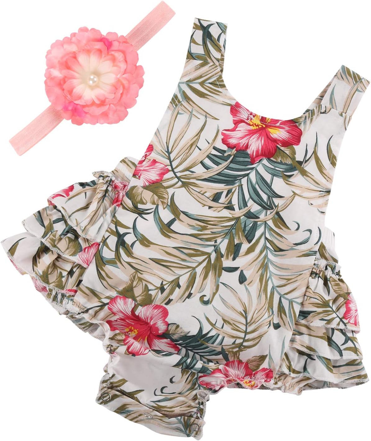 Baby Girl's Floral Print Ruffles Romper Summer Clothes with Headband