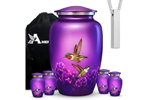 AMERICURN Set of 6 Hummingbird Decorative Funeral Urns for Ashes for Women & Men Includes 1 Large Urn with 4 Small Keepsakes & 1 Necklace for Ashes