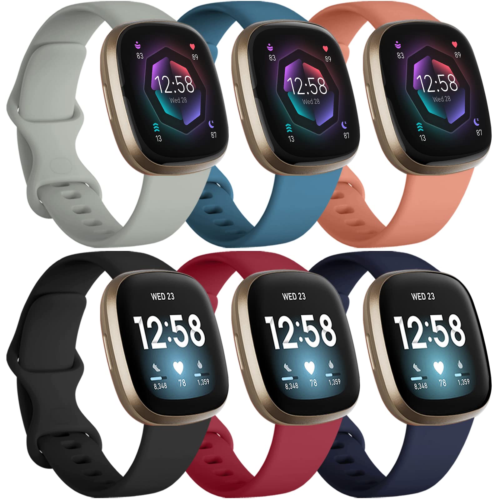 Charlam 6 Pack Straps Compatible with Fitbit Versa 3/ Versa 4 Straps/Fitbit Sense/Sense 2 Strap, Soft Sport Watch Strap Replacement Wristbands for Women Men, Small — image 1