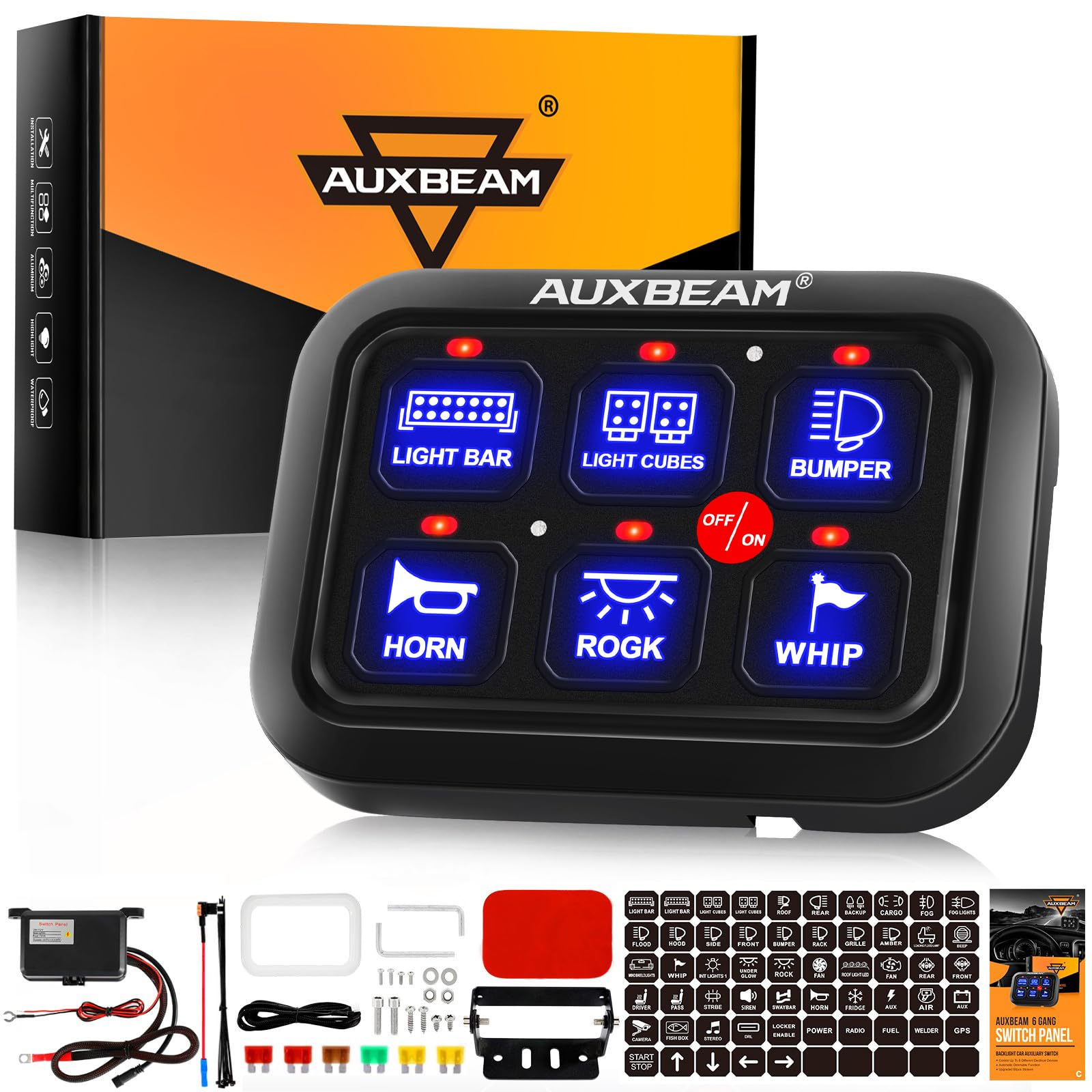 Photo 1 of Auxbeam 6 Gang Switch Panel BC60, Universal Circuit Control Relay System Box with Automatic Dimmable On-Off LED Switch Pod Touch Switch Box for Car Pickup Truck UTV ATV Boat, 2 Years Warranty, Blue