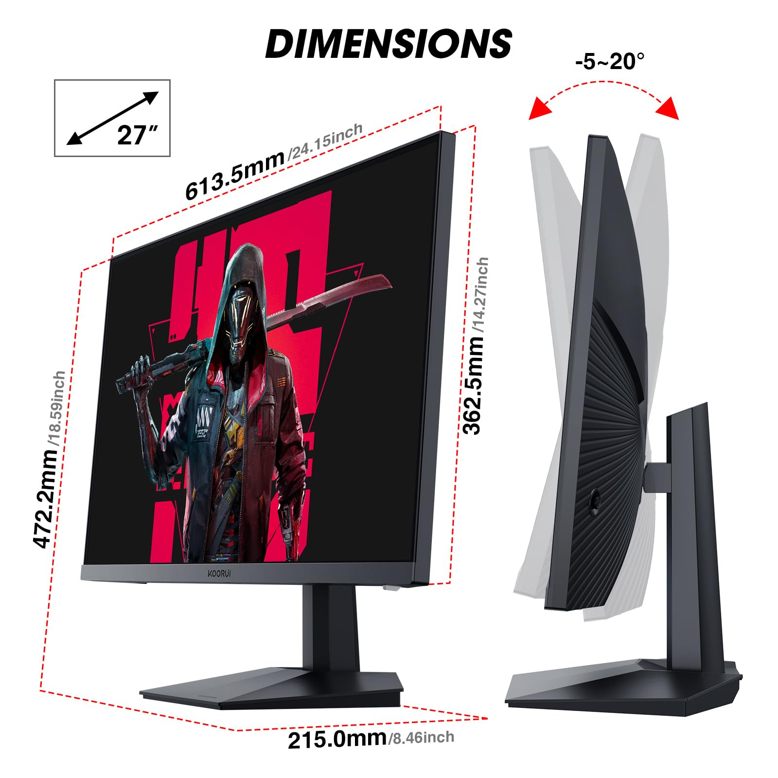 KOORUI Gaming Monitor 27 Zoll, PC Bildschirm 240Hz, FHD, 1ms, Adaptive Sync (1920 x 1080p, DCI-P3 90%, SRGB 100%, HDMI, DisplayPort, VESA 75x75) 7