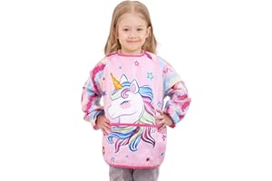 WERNNSAI Kids Art Smock for Girls - Unicorn Kids Aprons Waterproof Toddler Art Painting Smock for Girl 3-6 with Long Sleeve a