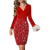 DRESSTELLS Women's Velvet Sequin Cocktail Dress, Sparkly Winter Holiday Party Evening Long Sleeve Bodycon Dresses