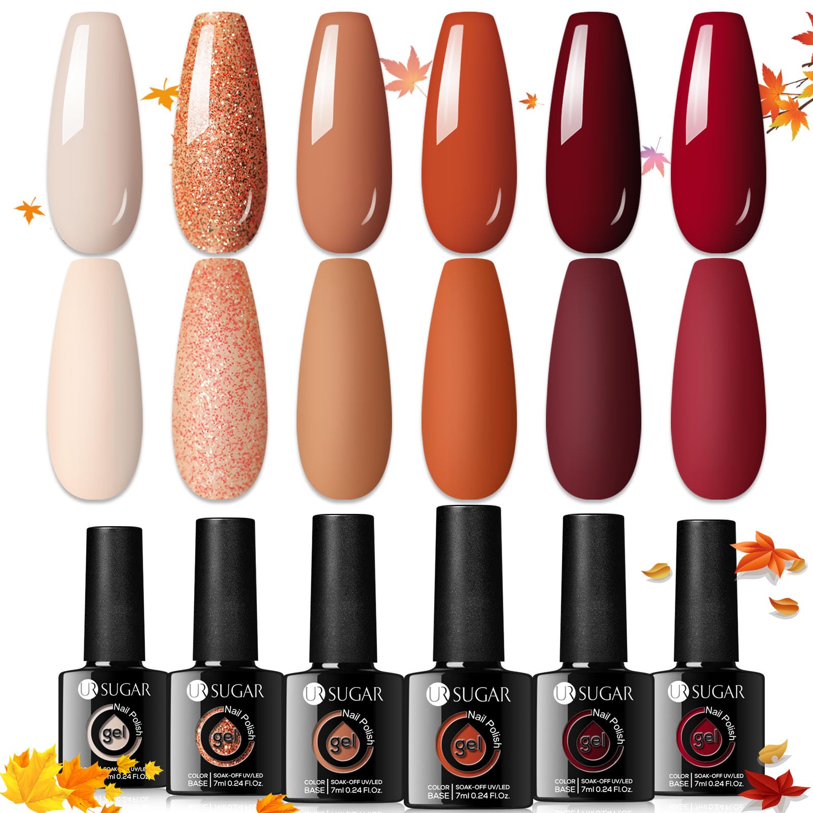 UR SUGAR Gel Nail Polish Set, 6 Colours Autumn Winter Gel Nail Polish Nude Caramel Pumpkin Burgundy Red Orange Glitter Halloween Christmas Gifts for Women Soak off Manicure Kit