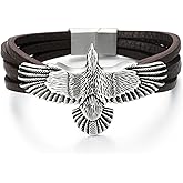 COOLSTEELANDBEYOND Rock Punk Stainless Steel Flying Eagle Bangle Bracelet Brown Leather Wristband for Men, Multi-strand