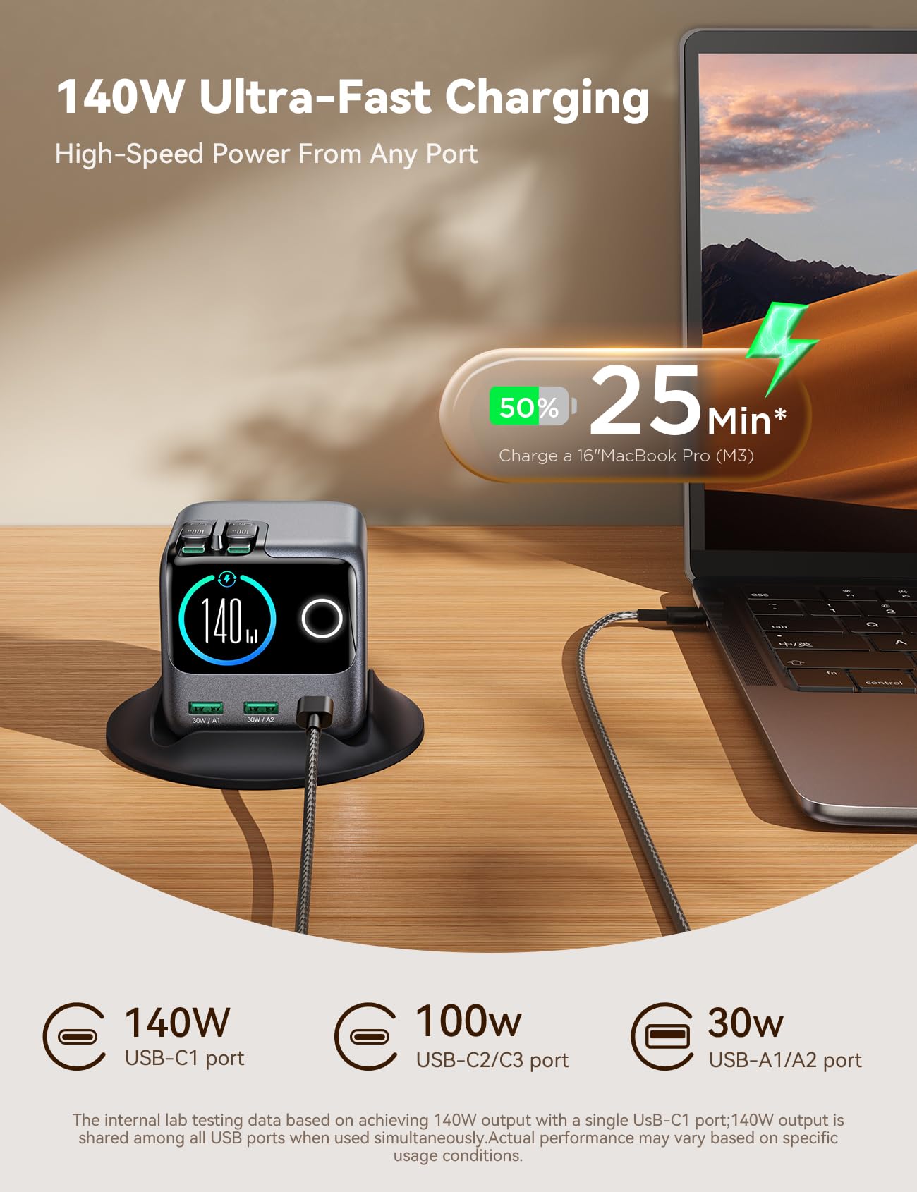 JOYROOM PODIX 140W 5‑in‑1 GaN Ultra Ladelstation, USB‑C Schnellladegerät mit 2 retraktablen 100W Kabeln (80 cm), 1,54" Smart LCD‑Anzeige, kompatibel mit MacBook, iPhone, Samsung | Für Büro & Zuhause 2