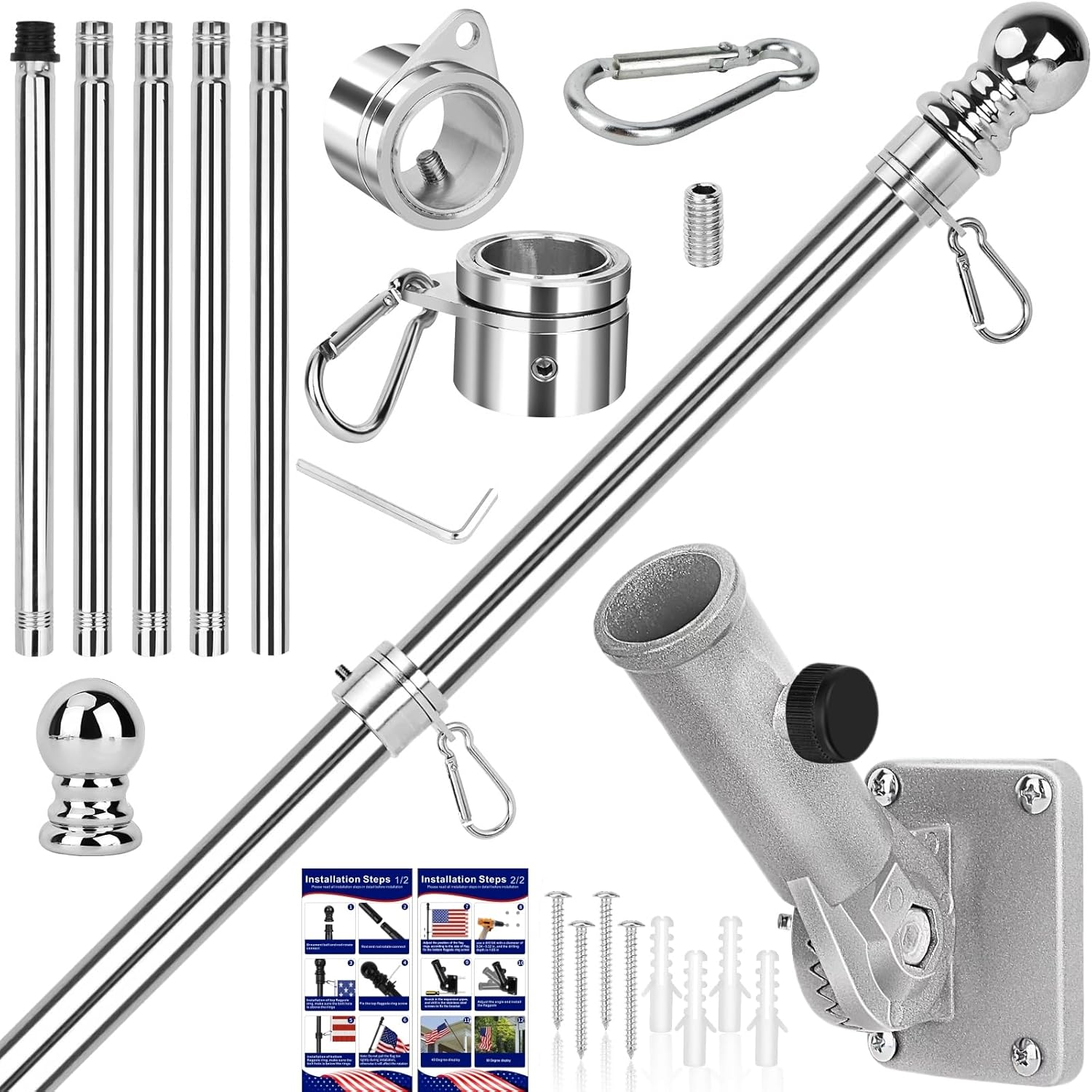 Flagpole Hardware - Flag Pole Kit, 6 FT Flag Poles for Outside House, Aluminum Alloy Tangle Free Flag Pole Rings, Flagpole Kits with Bracket, Stainless Steel Flagpoles for Residential, Outdoor or Porch, 1 Inch Silver