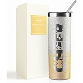 Onebttl Cheerleader Glitter Tumbler Gifts For Girls - Cheer - 20oz/590ml Stainless Steel Insulated Tumbler with Straw, Lid - Gift for Cheerleading, Coach or Cheer Squad - (Gold-Silver Gradient)