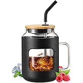 WINSA 50 oz Glass Water Bottles with Silicone Sleeve,Glass Tumbler with Lid and Straw,Iced Coffee Cup with Handle,BPA Free-Black