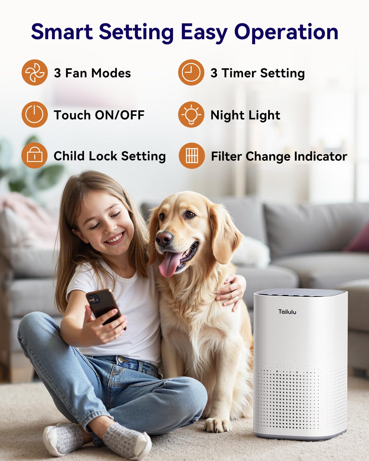 Air Purifiers for Home Large Room up to 1500ft²,Tailulu H13 True HEPA Air Cleaner with 360°Air Inlet, 15dB Air Purifier for Bedroom with Sleep Mode,Speed Control,Timer, for Odor Dust Smoke (Grey)