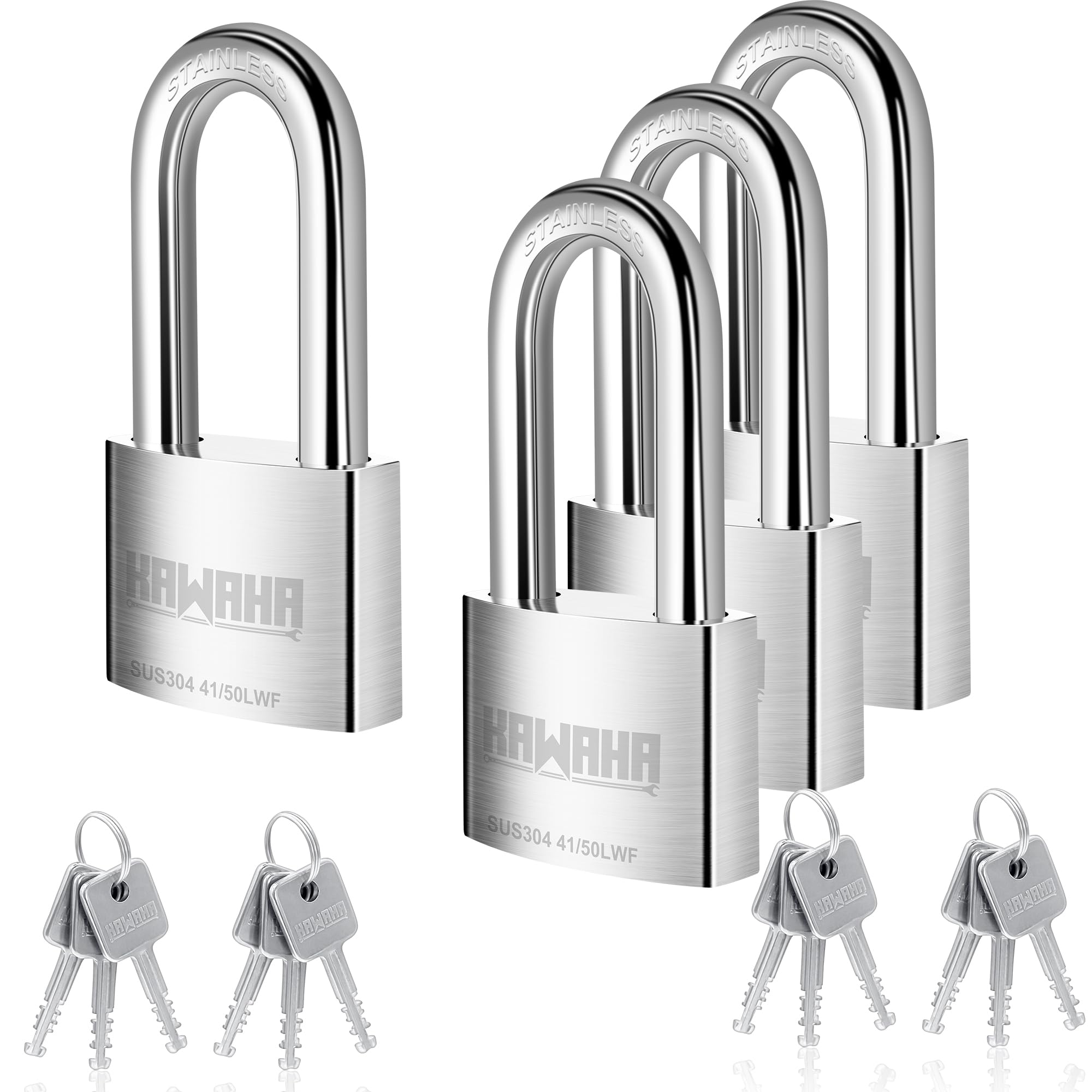 KAWAHA 41/50L-4PS 2 inch (50mm) Long Shackle High Security Stainless Steel Padlock with Stainless Steel Key for Both Indoor and Outdoor use (Heavy Duty, Anti-Rust) (50mm, Keyed Alike L - 4 Pack)